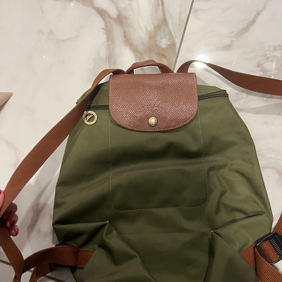 Longchamp Handbags - Longchamp Olive Green Nylon Backpack with Brown Leather Flap